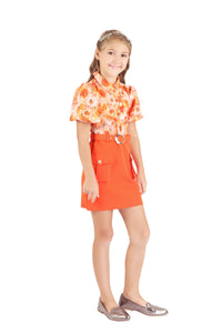 Orange Printed Top with Skirt Co-Ord Set for Girls