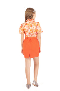 Orange Printed Top with Skirt Co-Ord Set for Girls