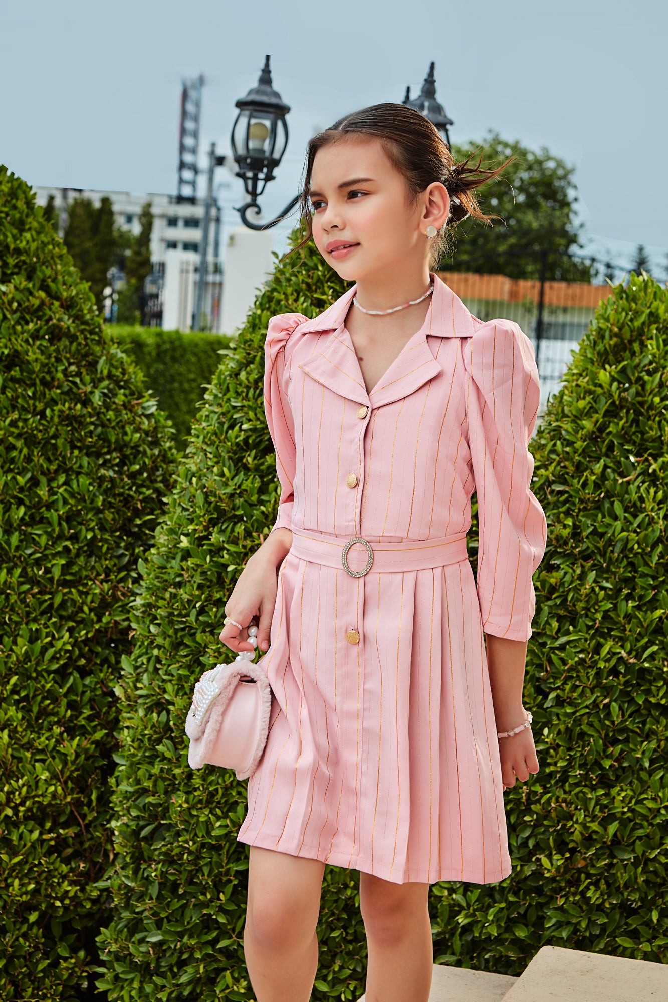 Tiny Girl Polyester Safari Collar Full Sleeves Peach MidI