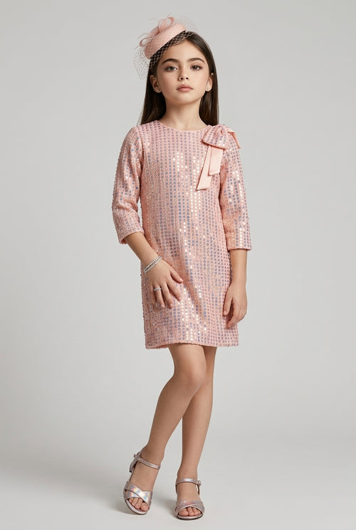 Peach Sequin Embellished Partywear Dress M2345