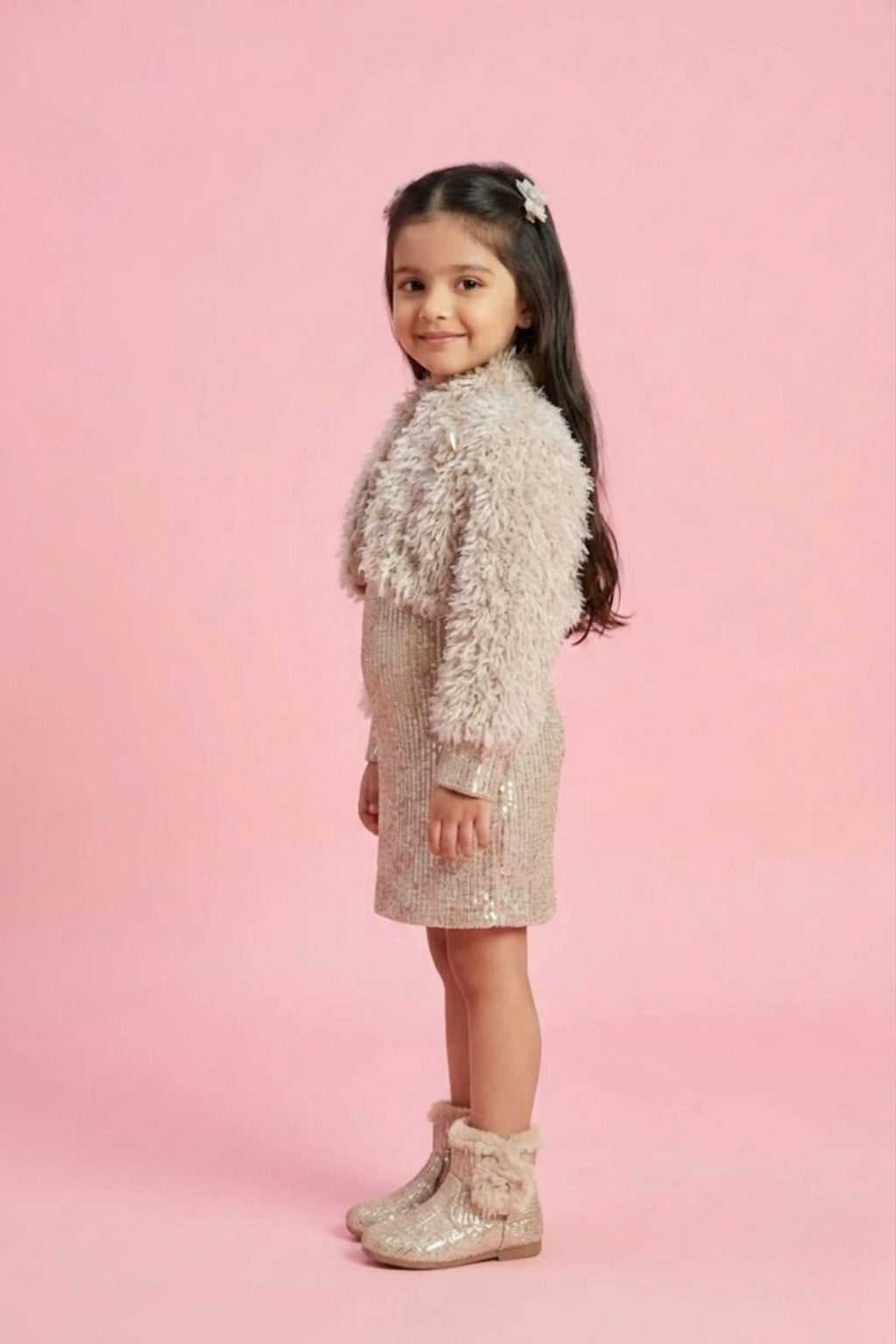Gold Sequin Party Dress with Fur Shrug M2354