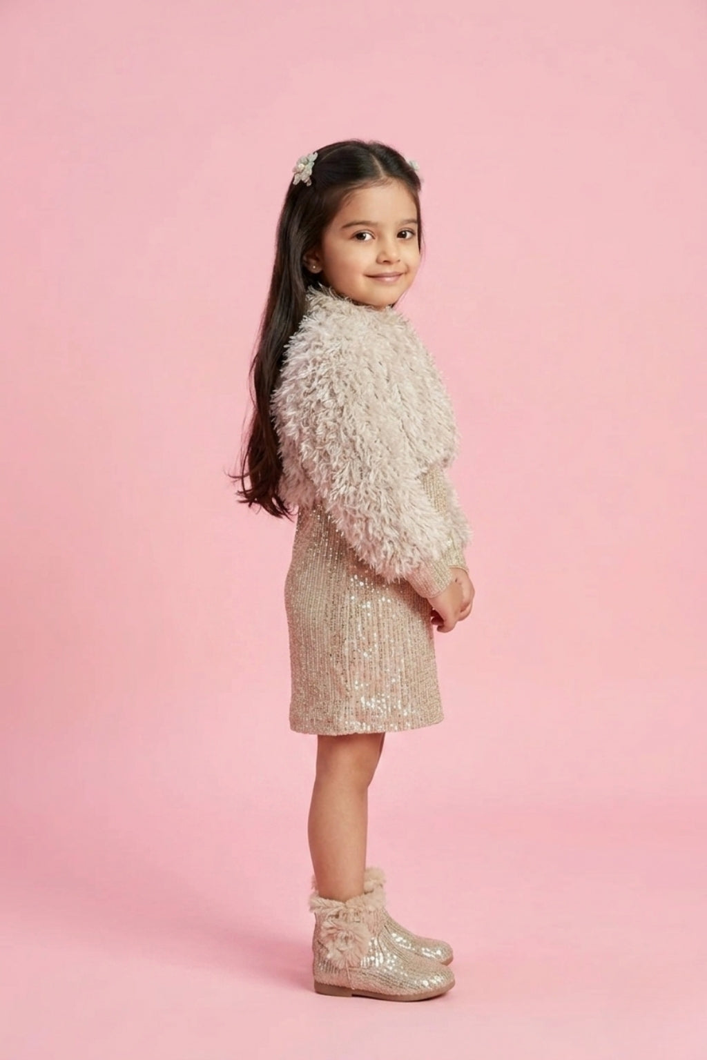 Gold Sequin Party Dress with Fur Shrug M2354