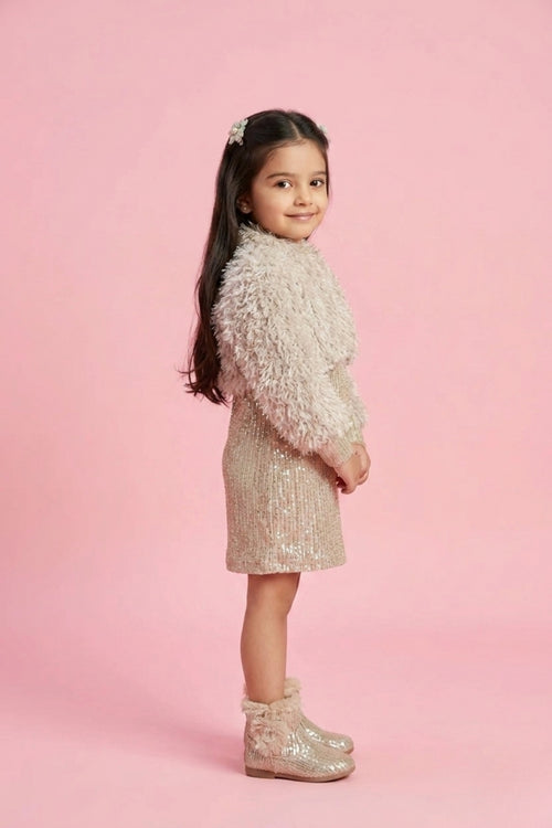 Gold Sequin Party Dress with Fur Shrug M2354