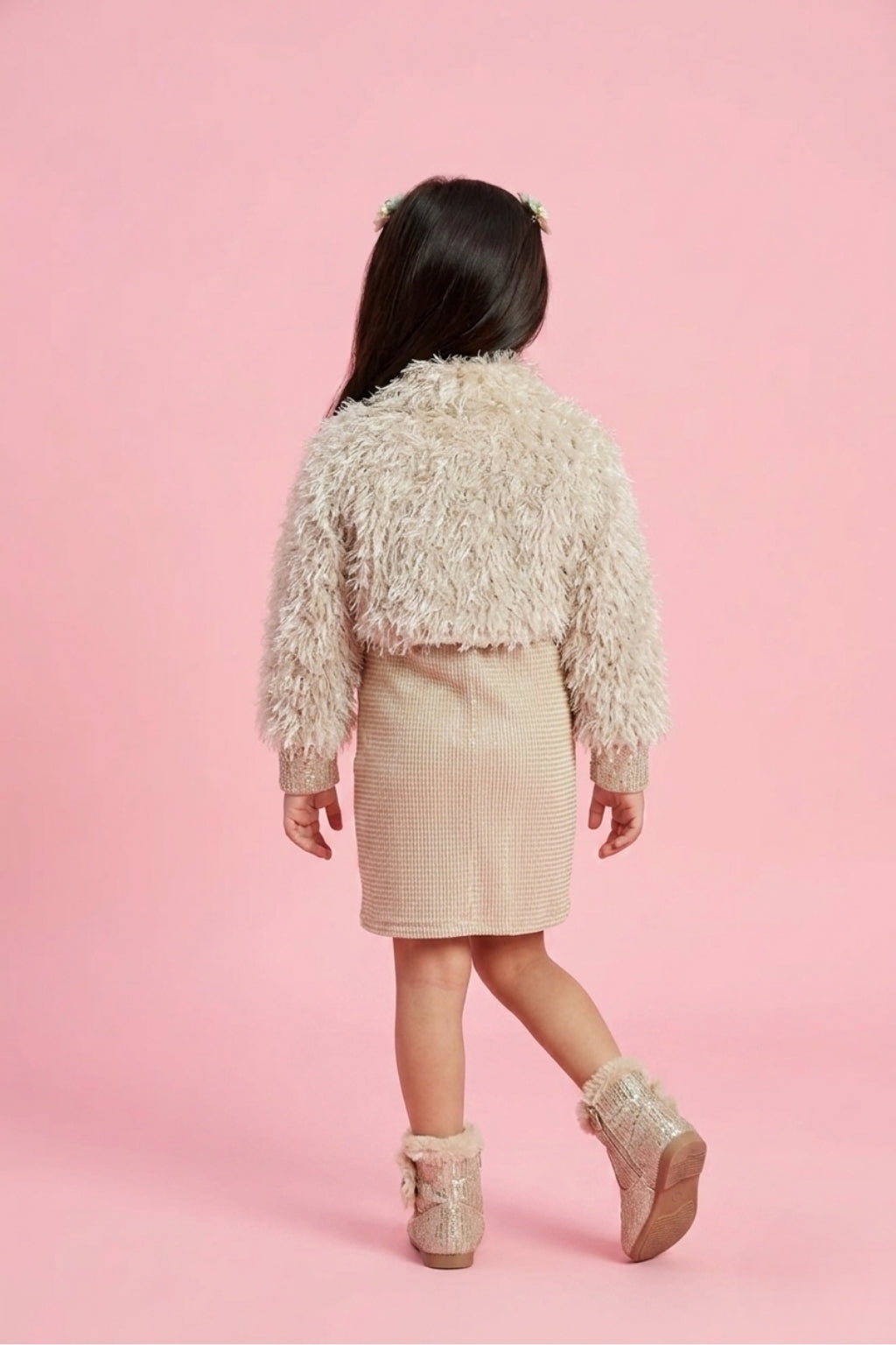 Gold Sequin Party Dress with Fur Shrug M2354