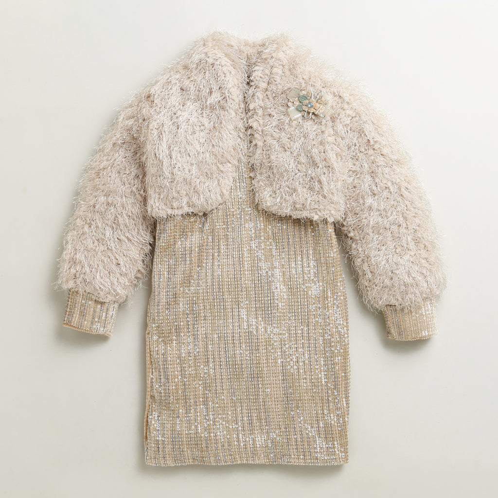 Gold Sequin Party Dress with Fur Shrug M2354