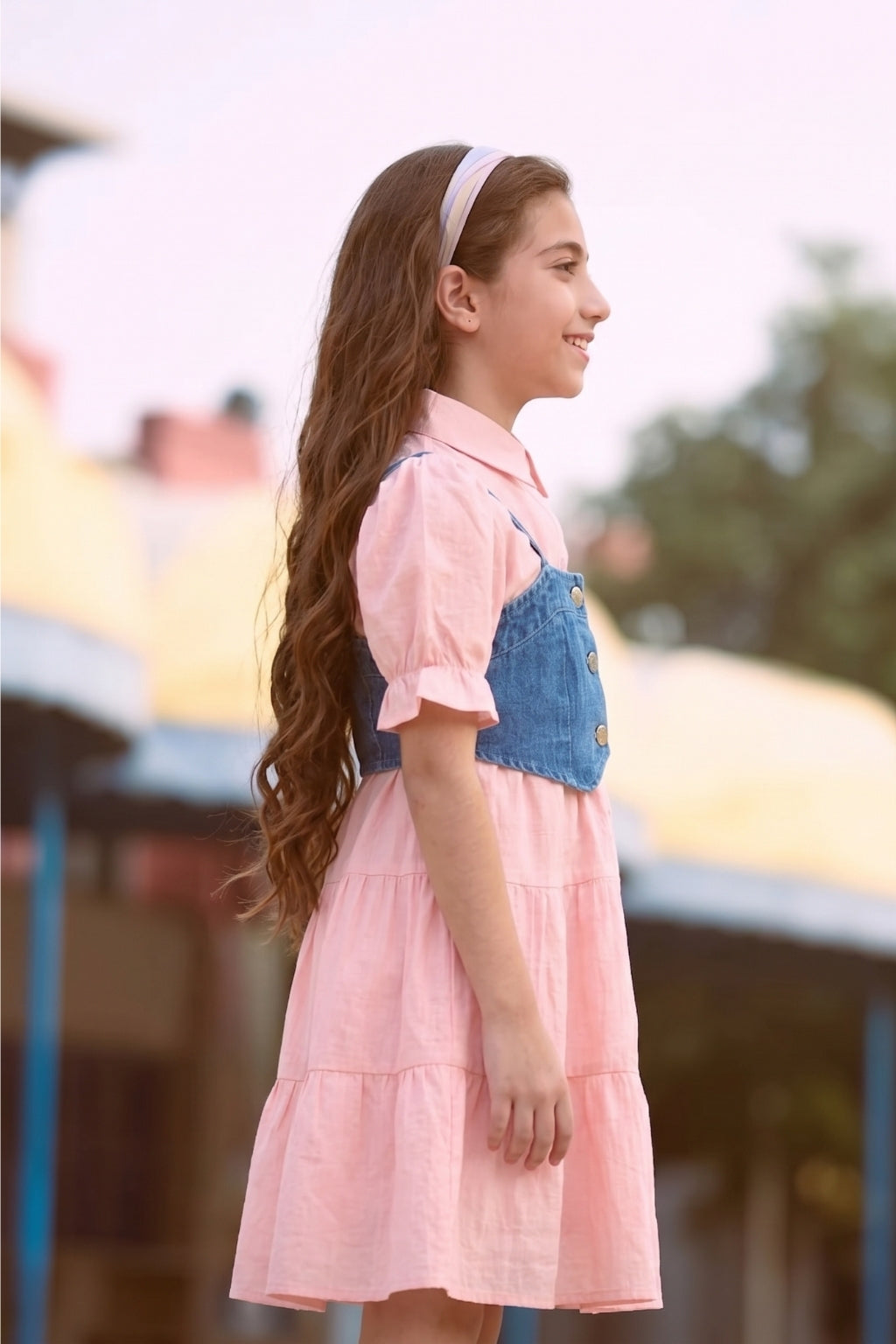 Peach Collared Dress with Denim Corset Style M2383