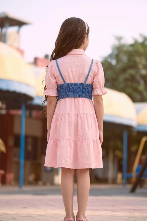Peach Collared Dress with Denim Corset Style M2383