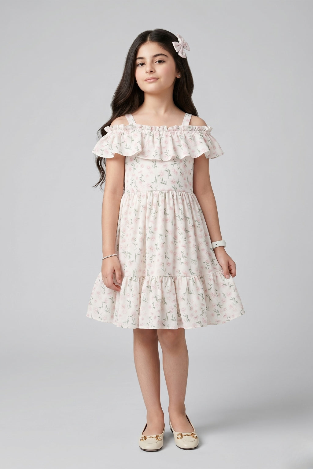 Pista Green Floral Ruffle Neck Dress M2386