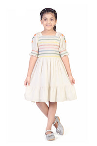 Cream Embroidered Top & Skirt Dress for Girls