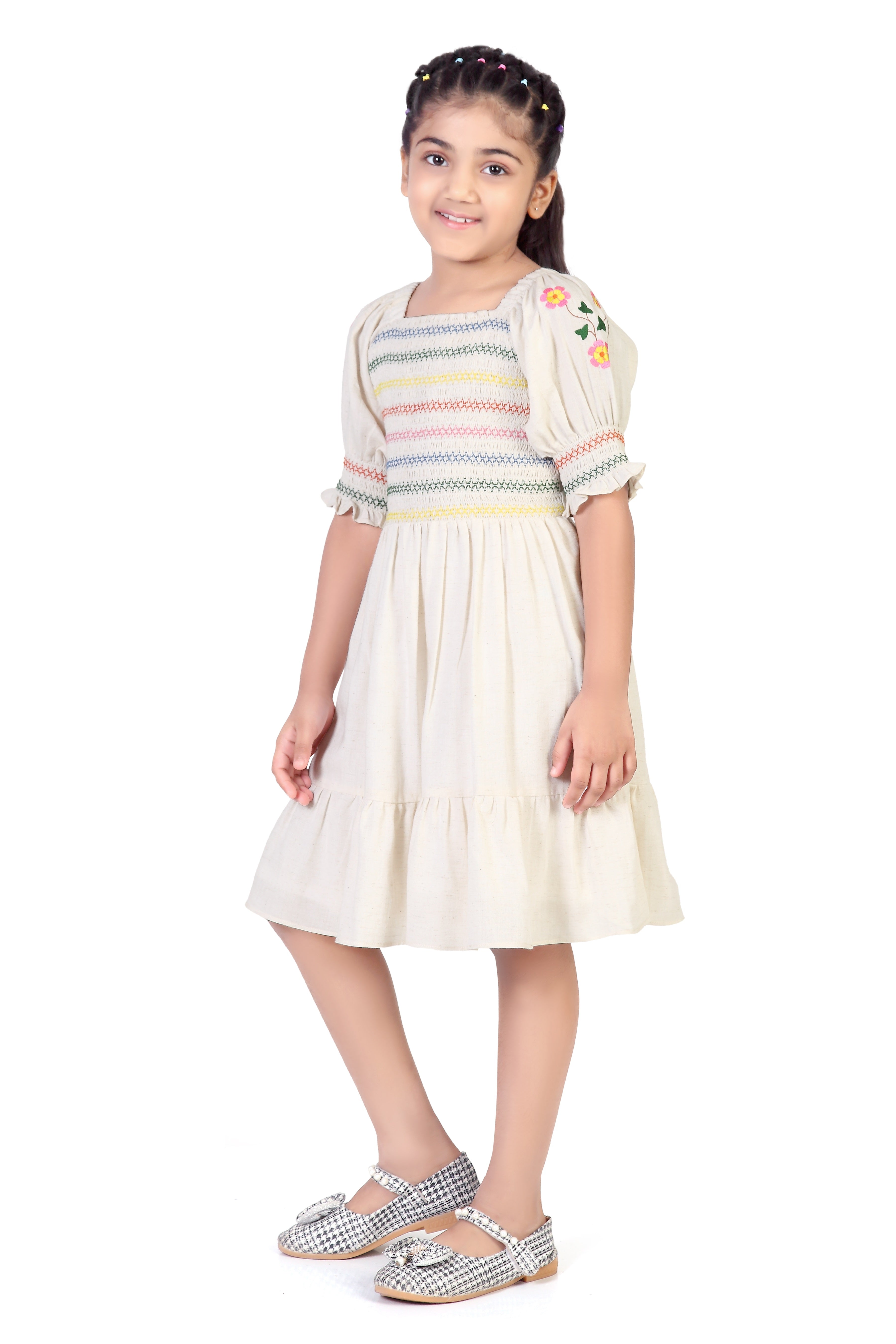 Cream Embroidered Top & Skirt Dress for Girls