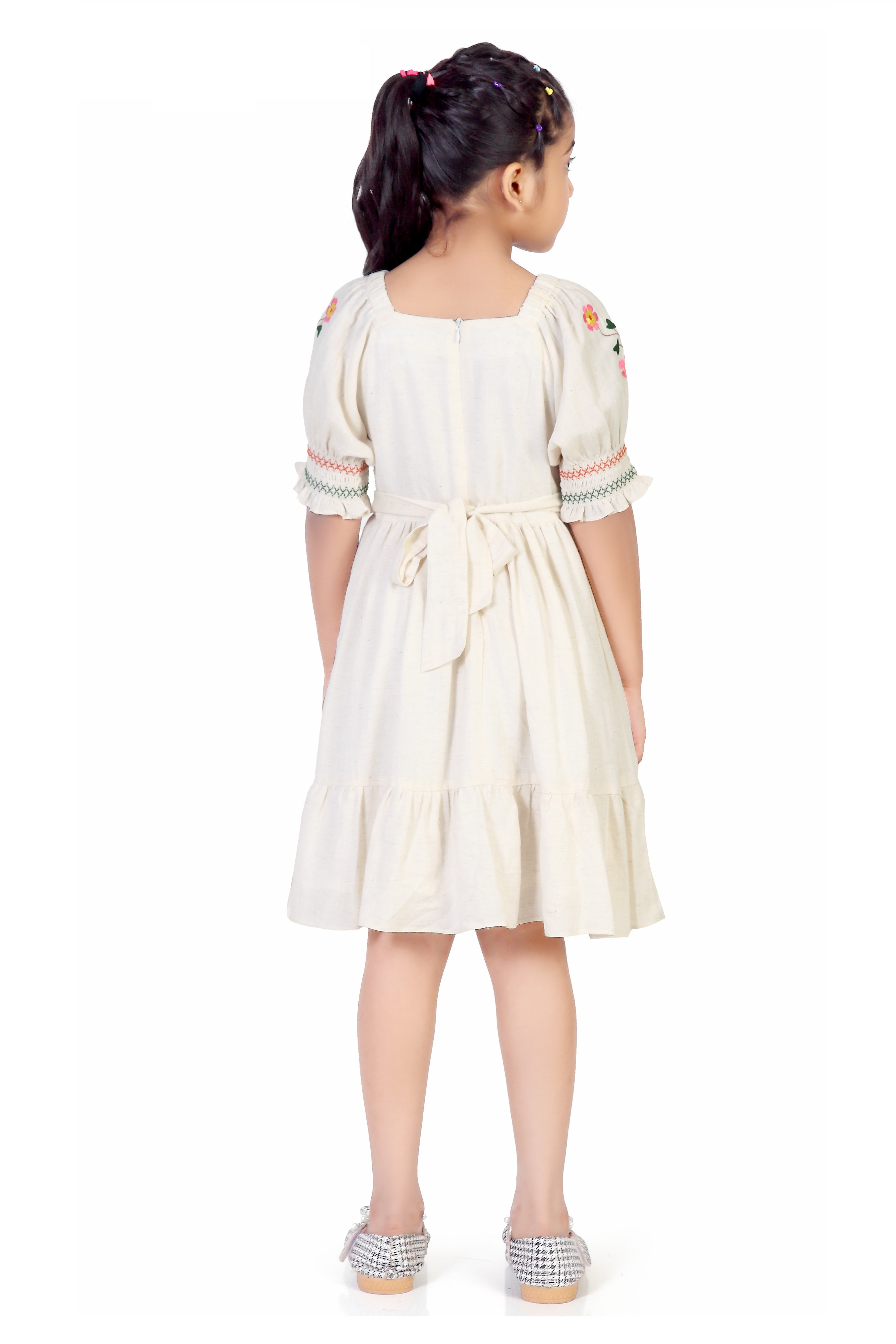Cream Embroidered Top & Skirt Dress for Girls