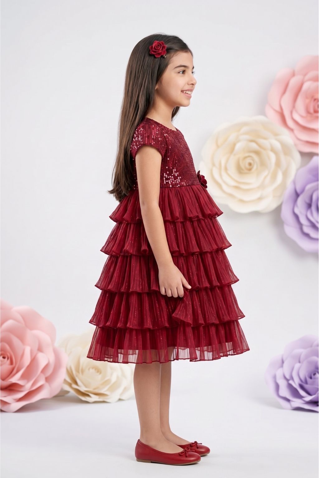 Maroon Layered Net Party Dress M2397