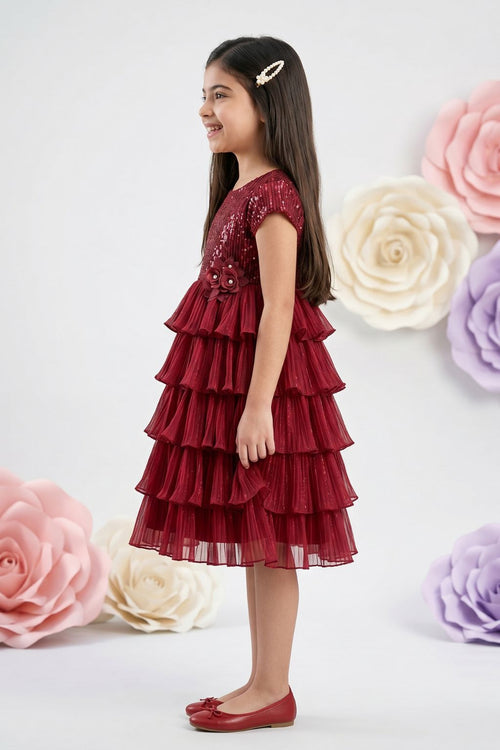 Maroon Layered Net Party Dress M2397
