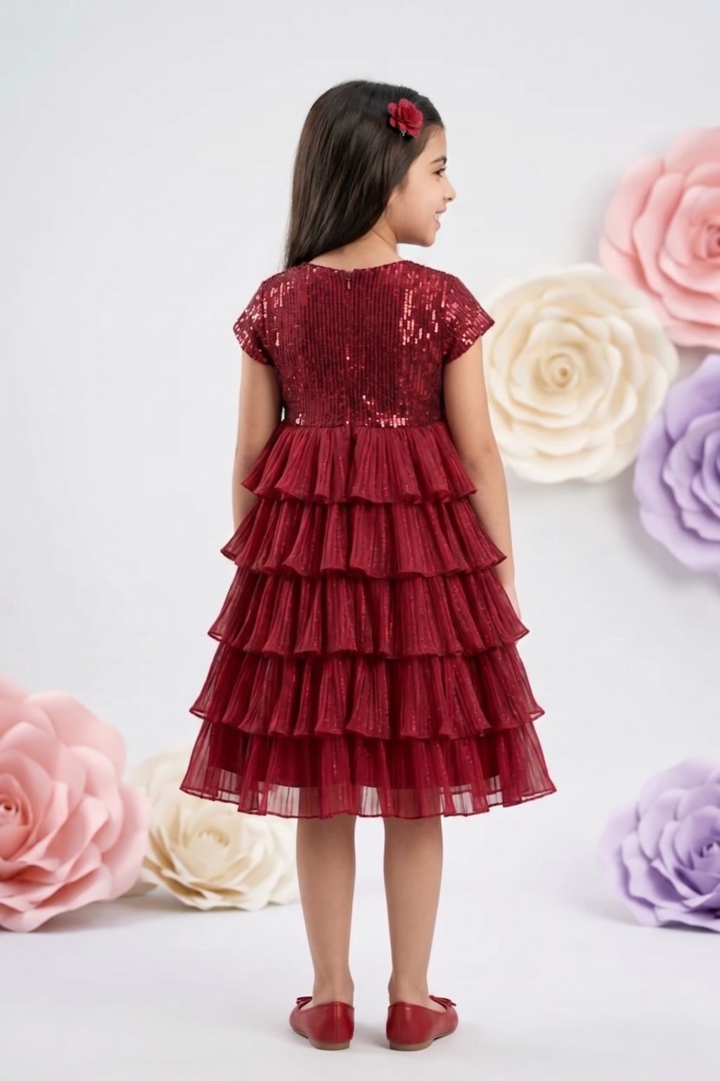 Maroon Layered Net Party Dress M2397