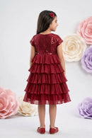 Maroon Layered Net Party Dress M2397