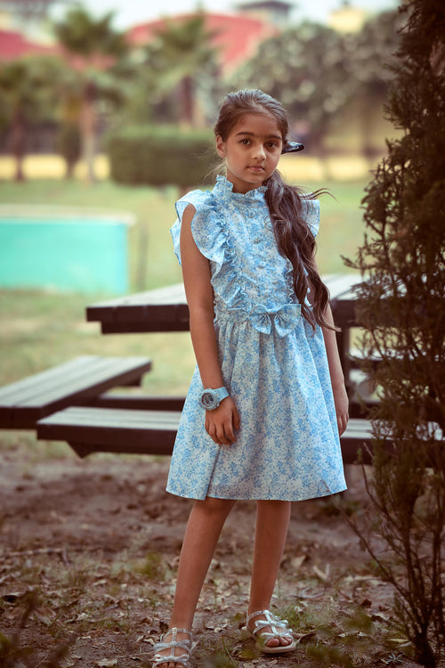 Girls Blue Floral Ruffle Dress M2401
