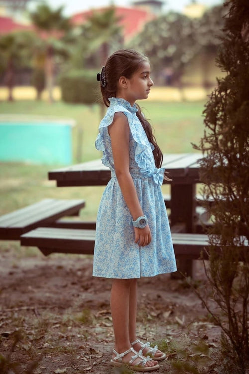 Girls Blue Floral Ruffle Dress M2401