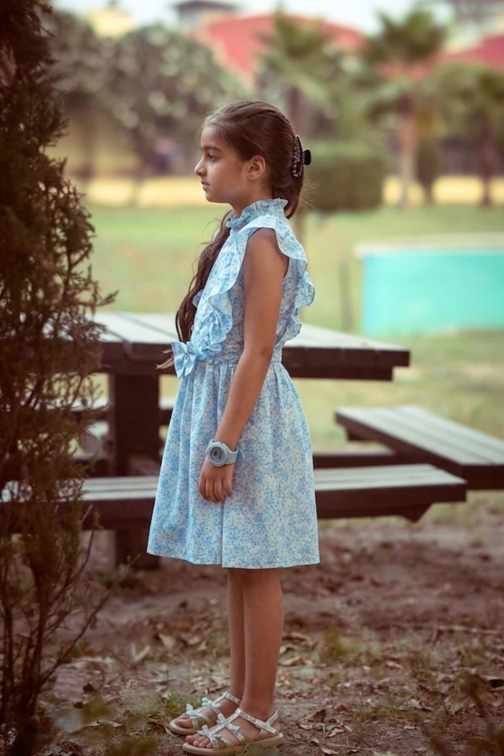 Girls Blue Floral Ruffle Dress M2401