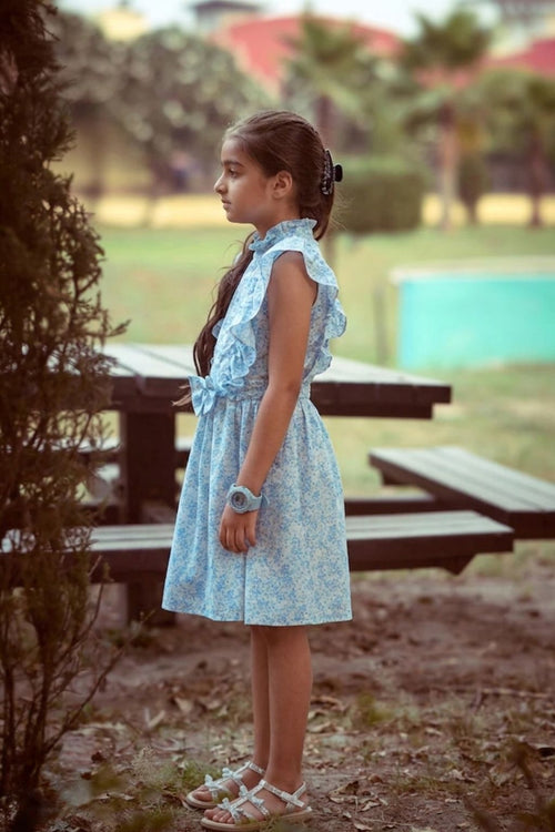 Girls Blue Floral Ruffle Dress M2401
