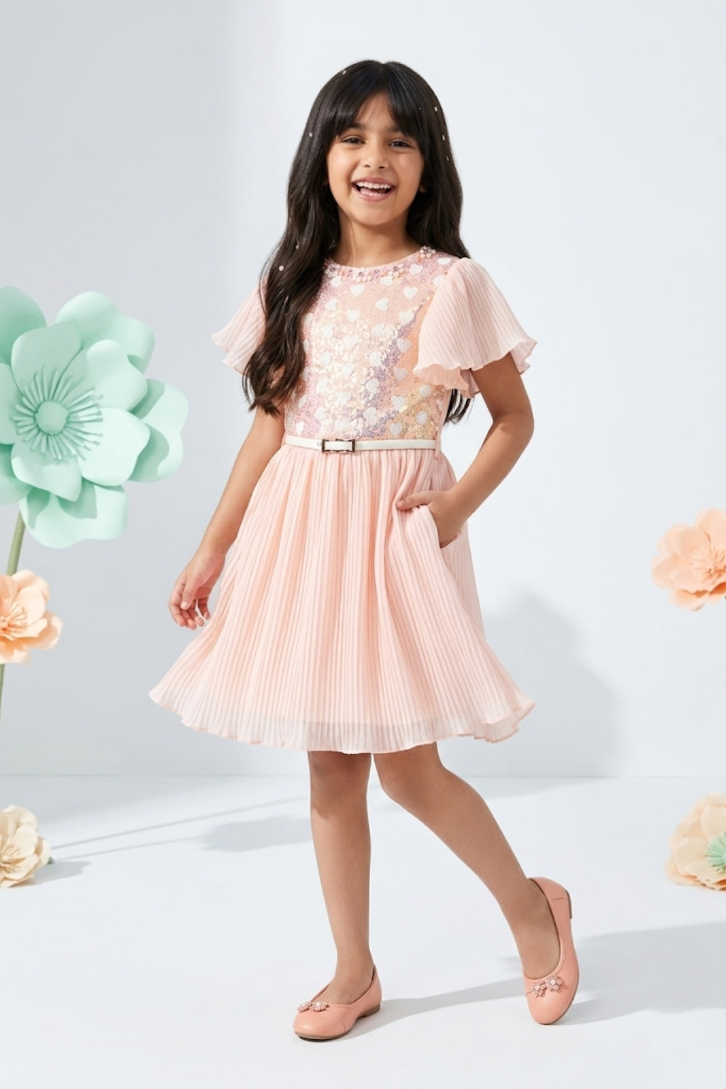 Peach Sequin Pleated Party Dress M2402