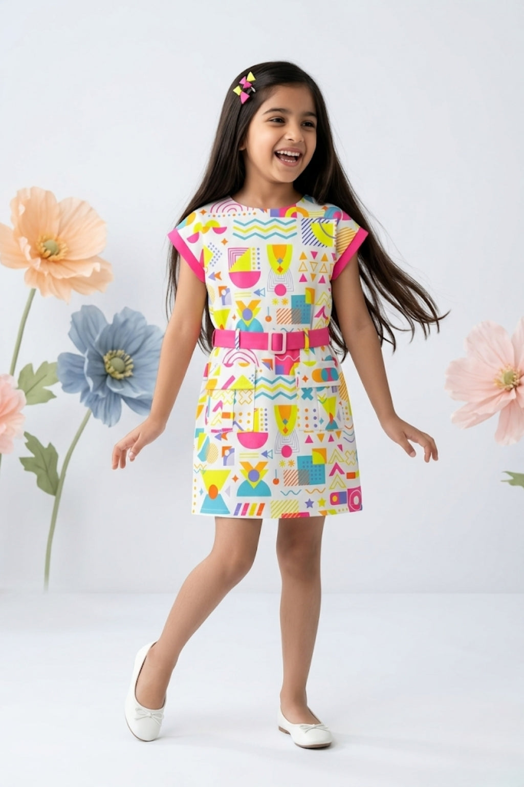 Pink Printed Cap Sleeves Belted Dress M2407