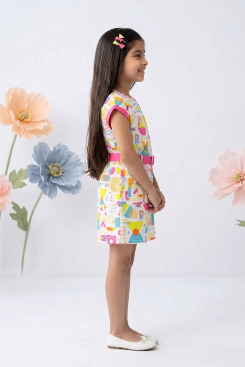 Pink Printed Cap Sleeves Belted Dress M2407