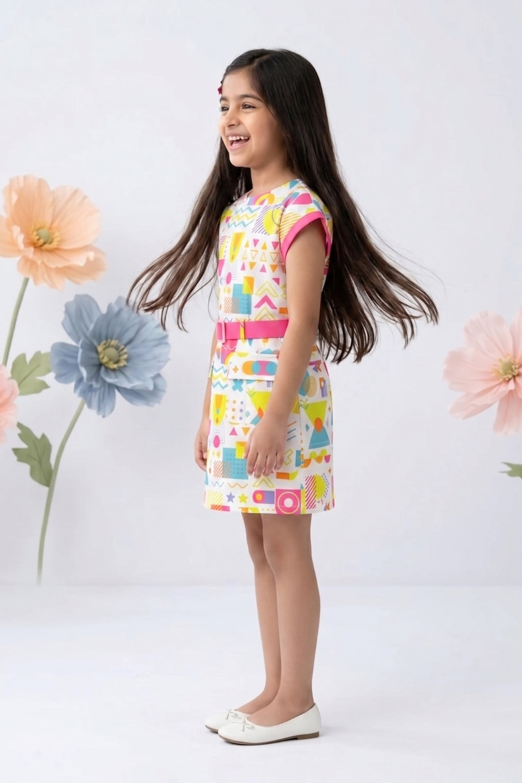Pink Printed Cap Sleeves Belted Dress M2407