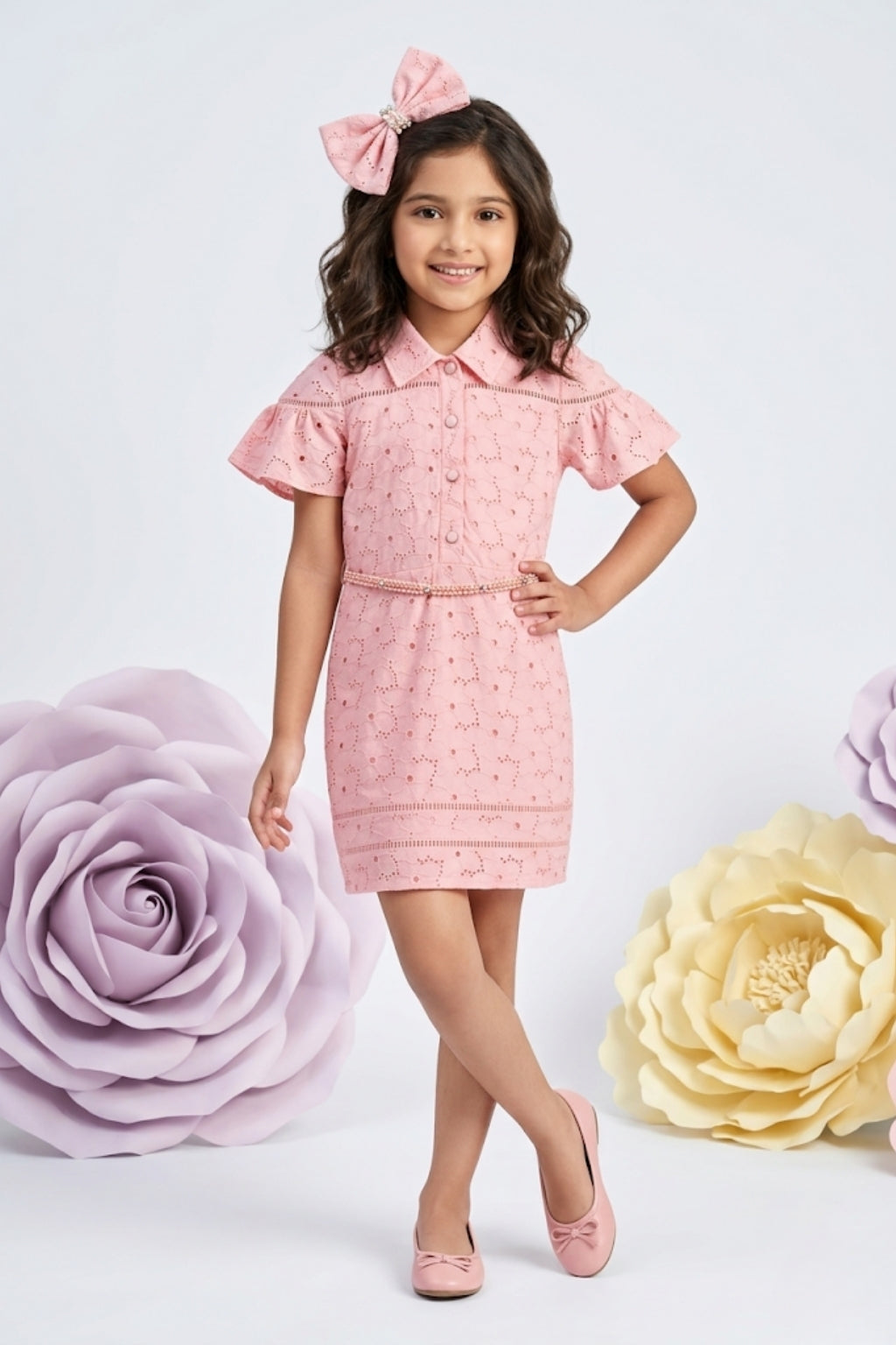 Peach Lace Charm Embroidered Shirt Dress M2408