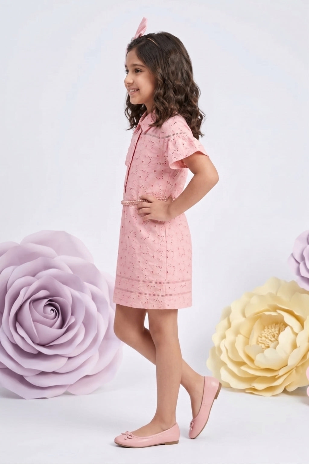Peach Lace Charm Embroidered Shirt Dress M2408