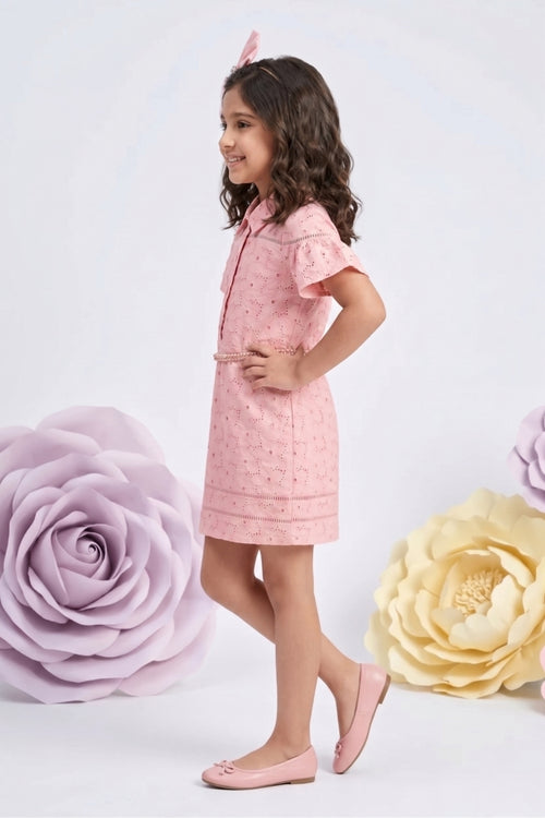 Peach Lace Charm Embroidered Shirt Dress M2408