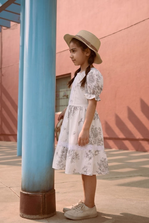 Girls White Floral Summer Dress M2409