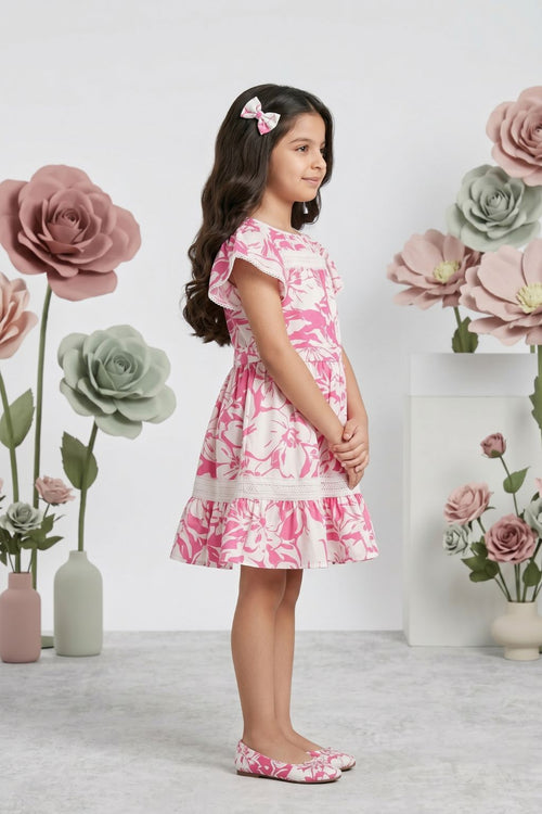 Pink Floral Puff Sleeve Dress M2412
