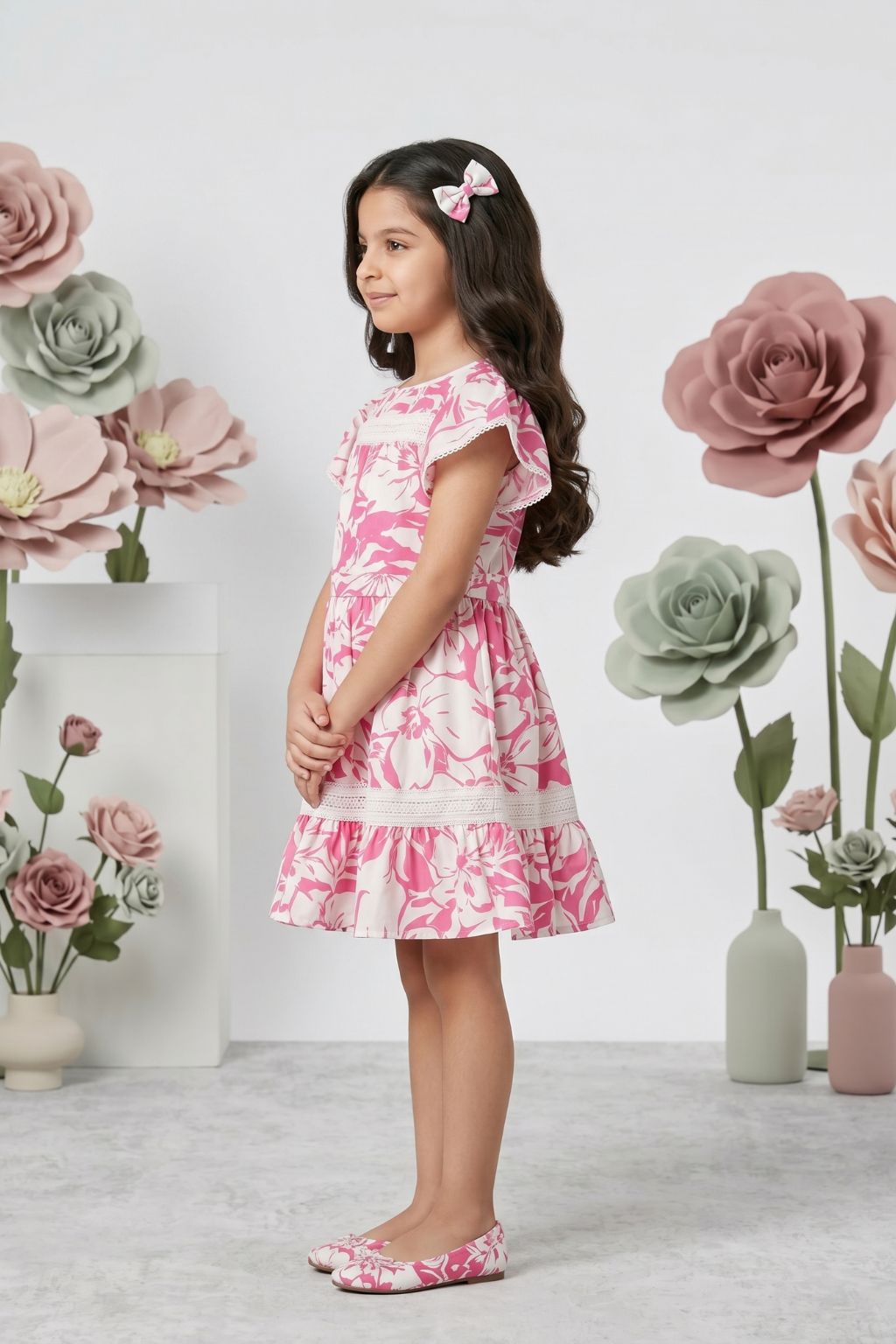 Pink Floral Puff Sleeve Dress M2412