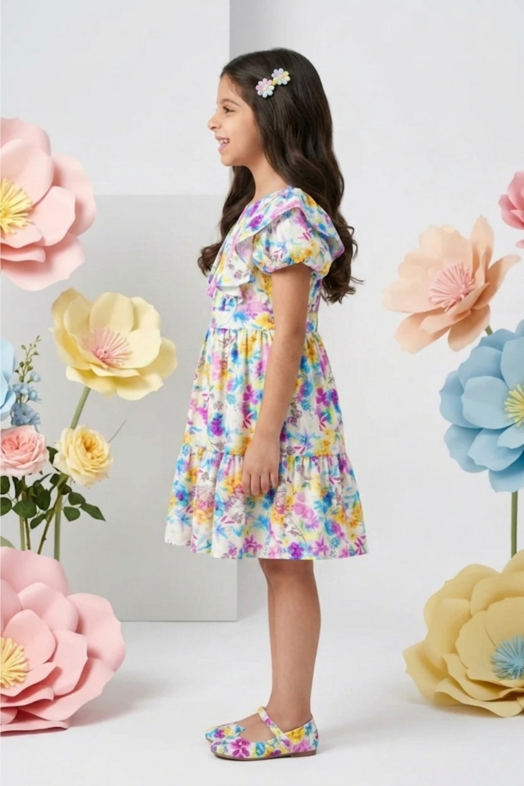 Pink Floral Puff Sleeve Dress M2428