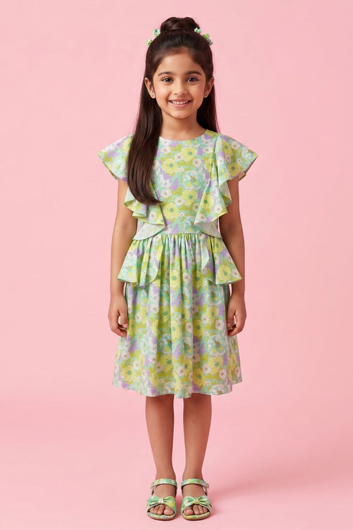 Green Floral Ruffle Layer Dress M2433