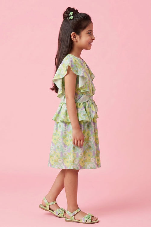Green Floral Ruffle Layer Dress M2433