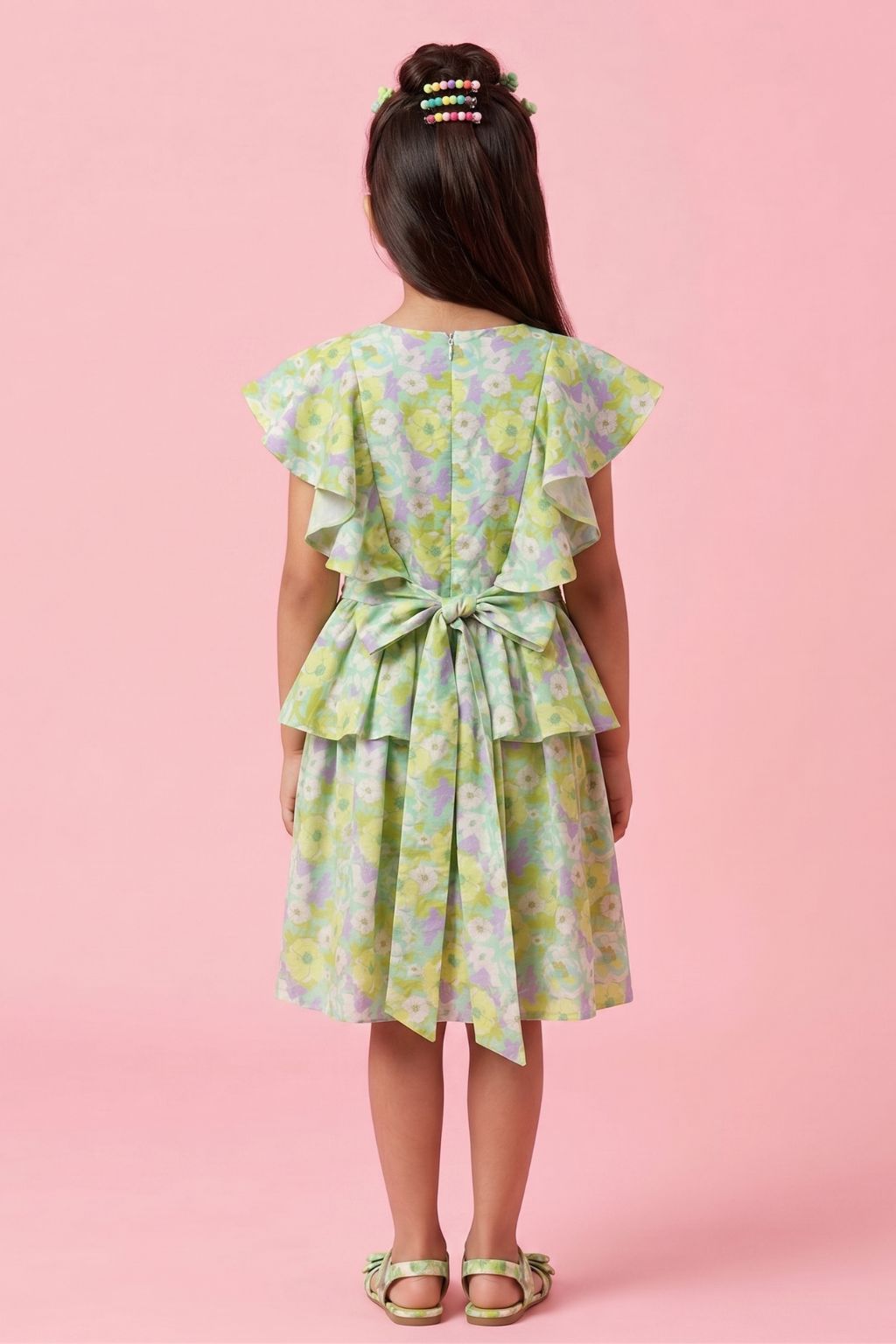 Green Floral Ruffle Layer Dress M2433