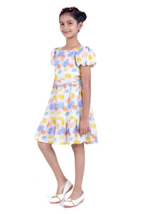 Off White Floral Puff Sleeve Dress for Girls