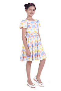 Off White Floral Puff Sleeve Dress for Girls