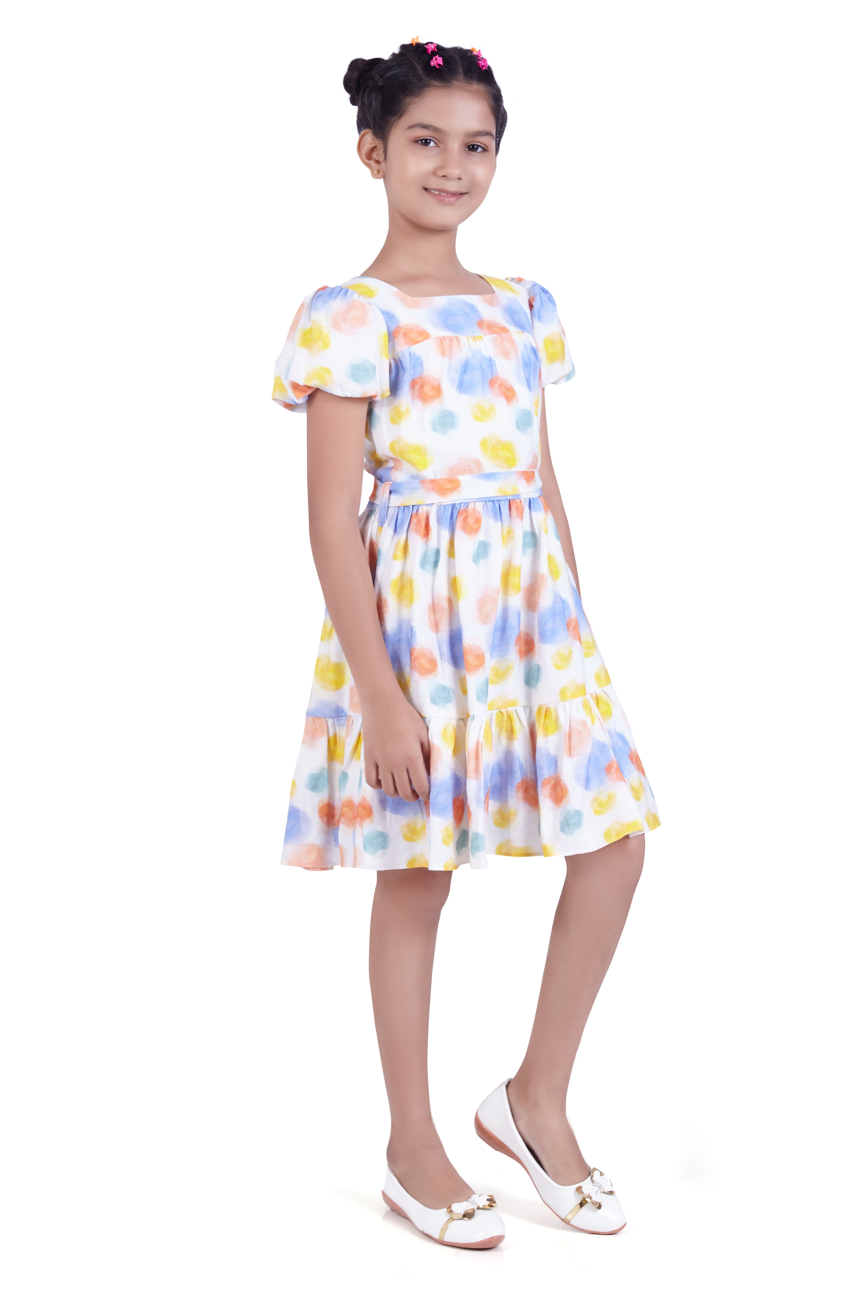 Off White Floral Puff Sleeve Dress for Girls