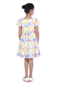 Off White Floral Puff Sleeve Dress for Girls