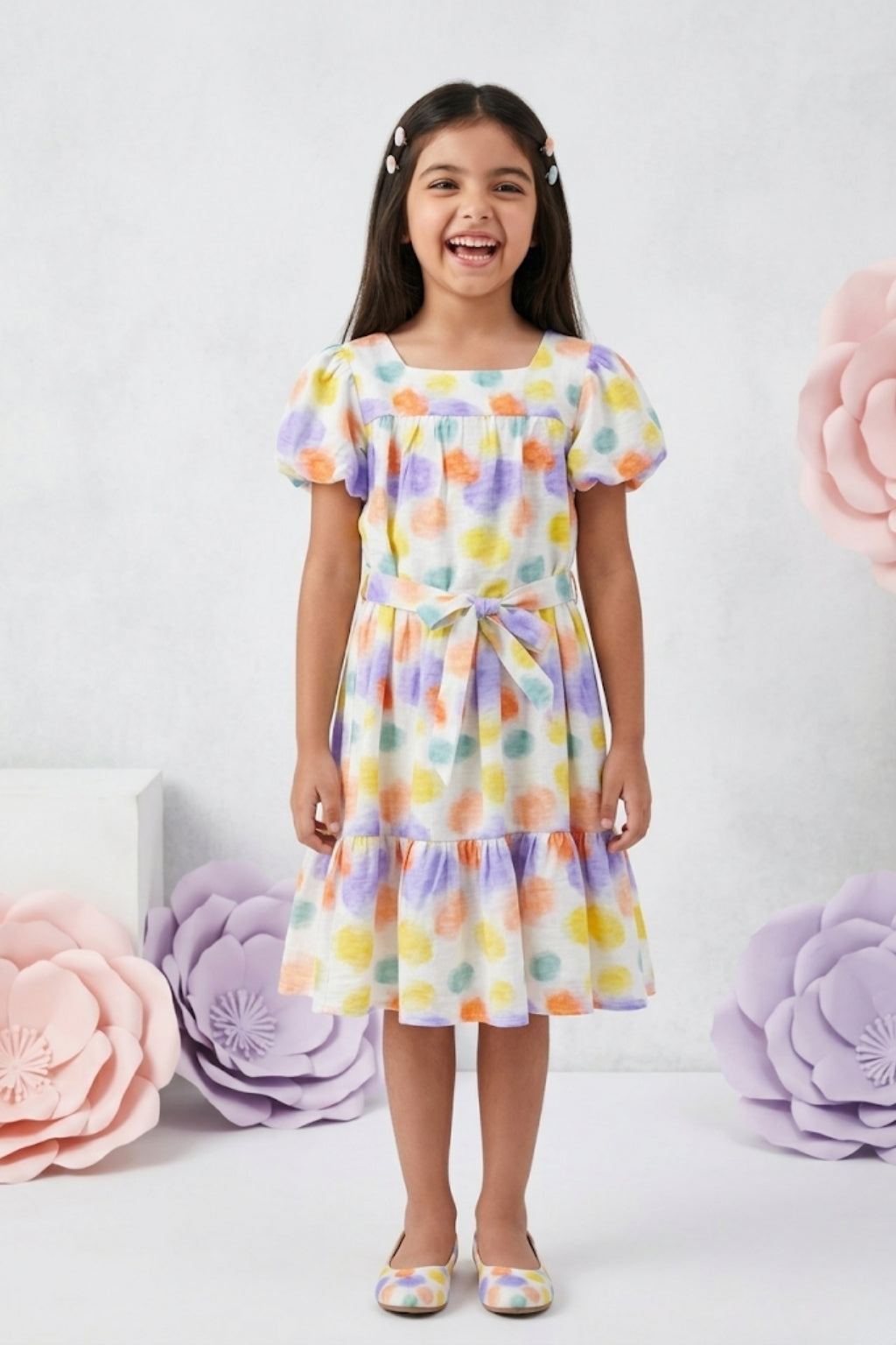 Off White Floral Puff Sleeve Dress M2434