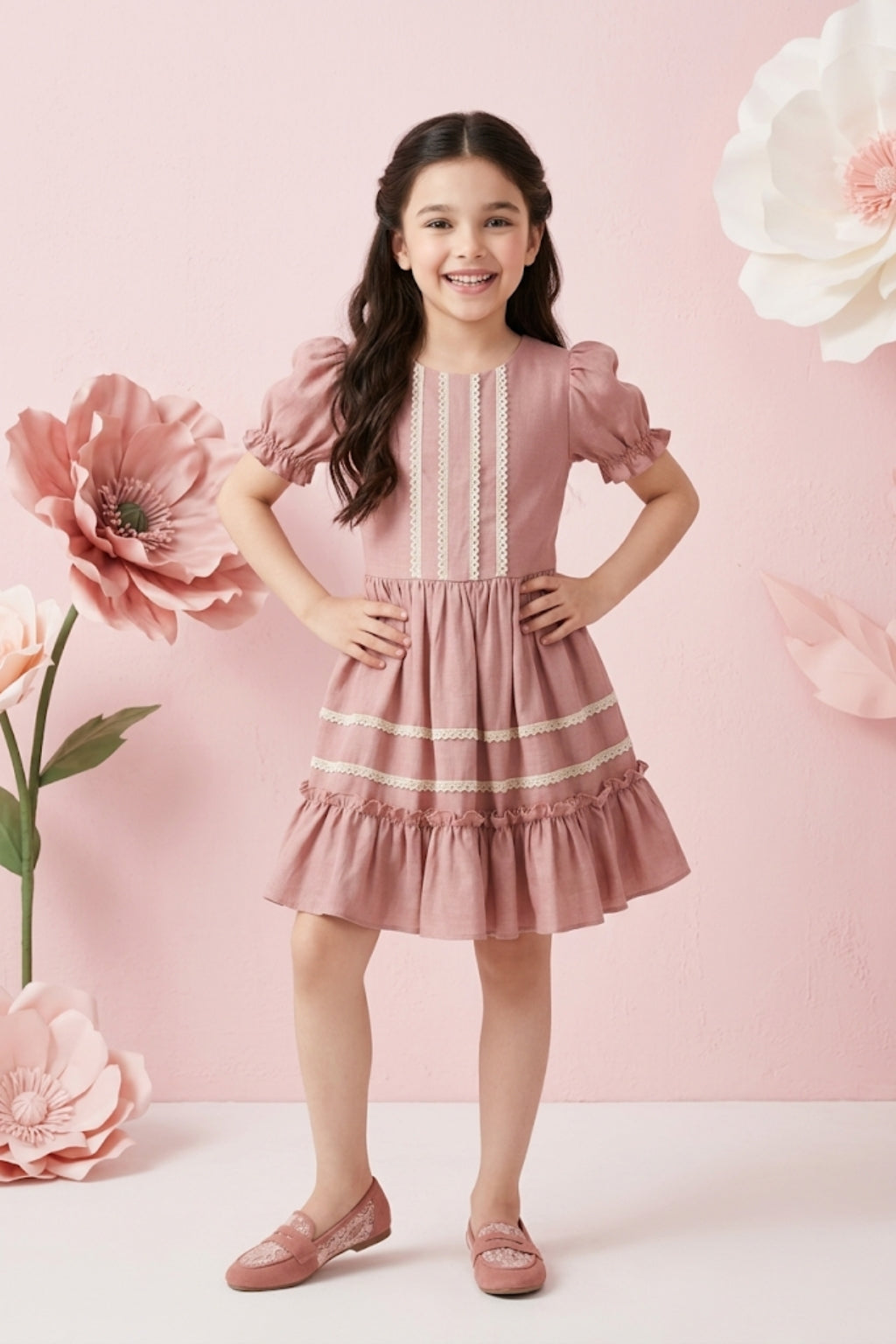 Girls Dusty Pink Lace Trim Dress M2440