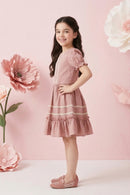 Girls Dusty Pink Lace Trim Dress M2440