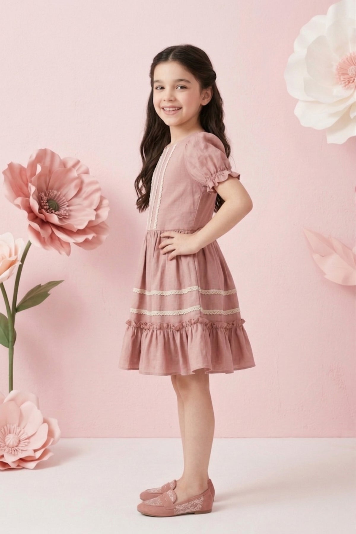 Girls Dusty Pink Lace Trim Dress M2440