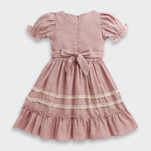 Girls Dusty Pink Lace Trim Dress M2440