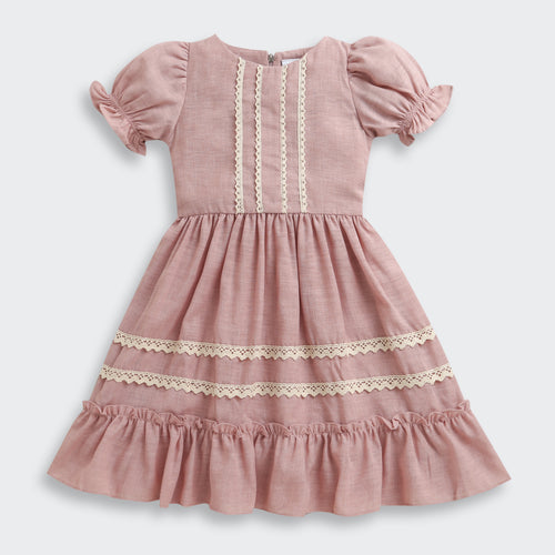 Girls Dusty Pink Lace Trim Dress M2440