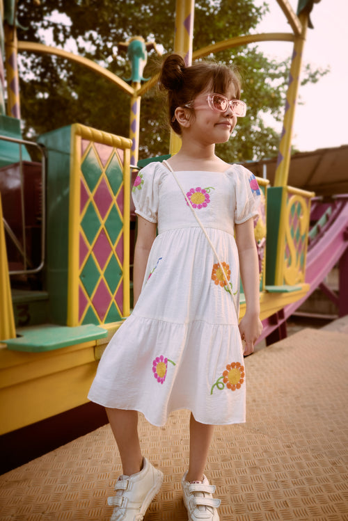 Girls White Flower Embroidered Dress M2446