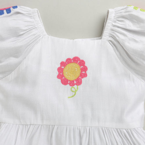 Girls White Flower Embroidered Dress M2446