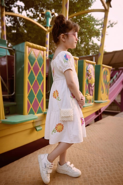 Girls White Flower Embroidered Dress M2446